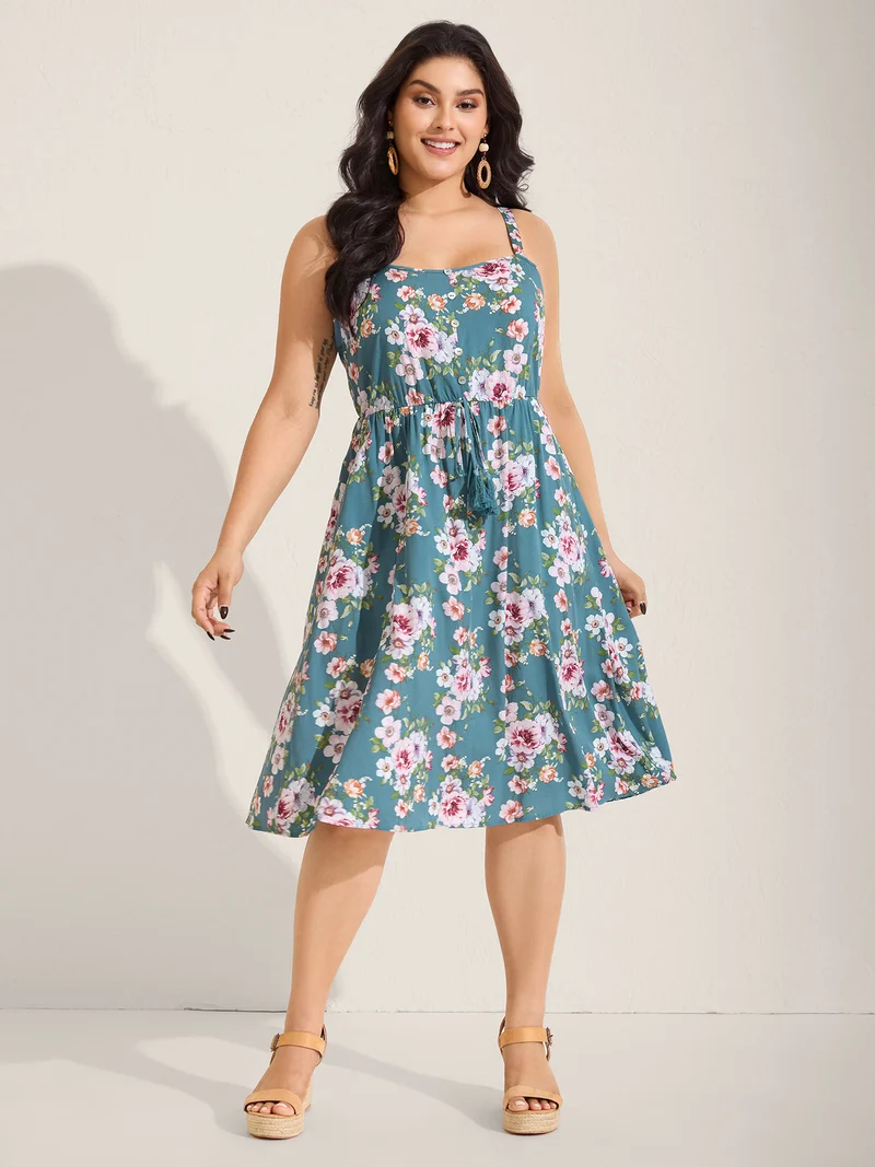 Large Floral Print Cinched-Waist Midi Dress