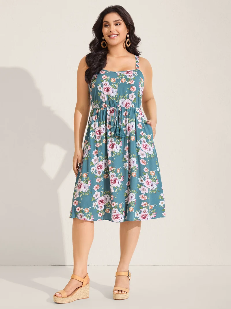Large Floral Print Cinched-Waist Midi Dress