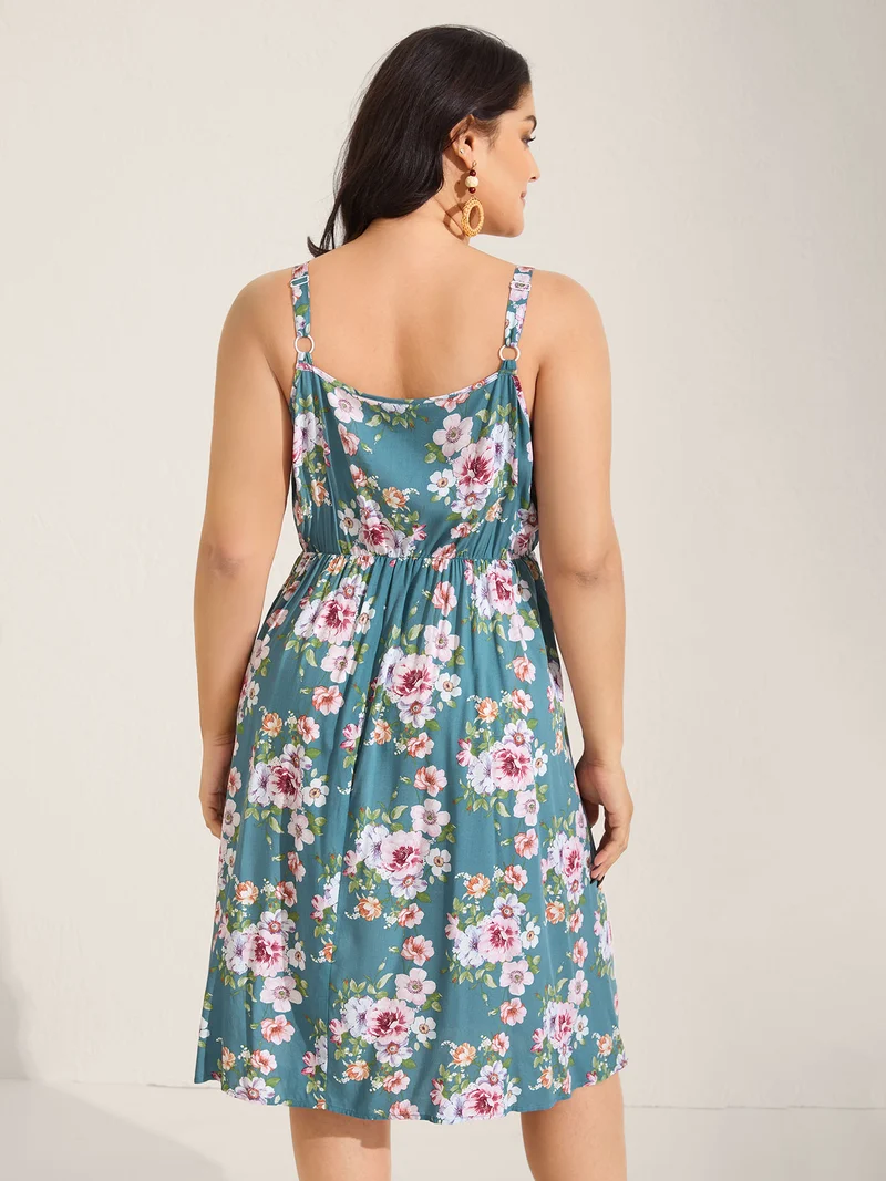 Large Floral Print Cinched-Waist Midi Dress