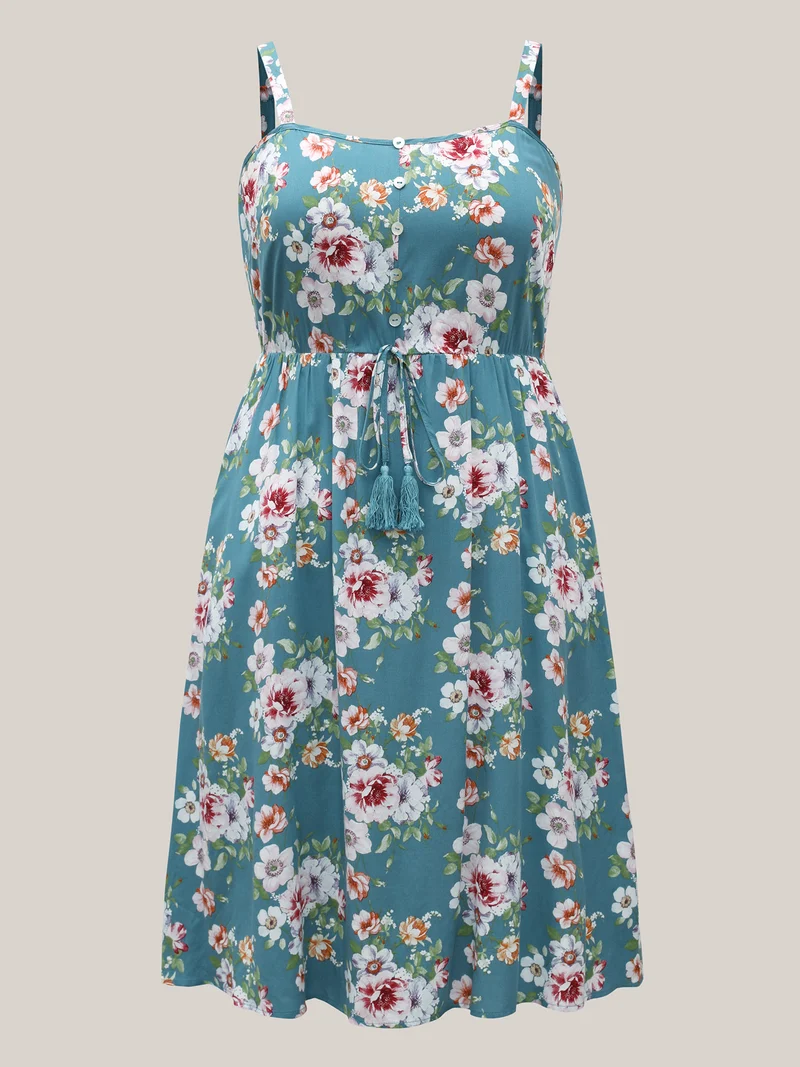 Large Floral Print Cinched-Waist Midi Dress