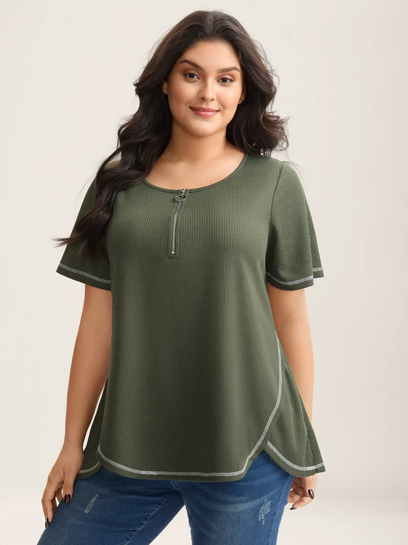Waffle High Low Hem Zipper T-Shirt