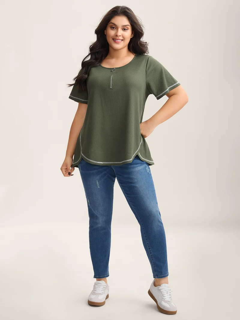Waffle High Low Hem Zipper T-Shirt