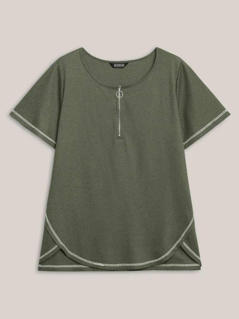 Waffle High Low Hem Zipper T-Shirt