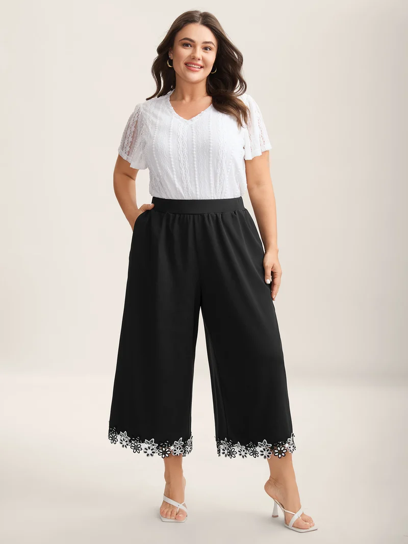 Floral Lace Hem Wide-Leg Pants