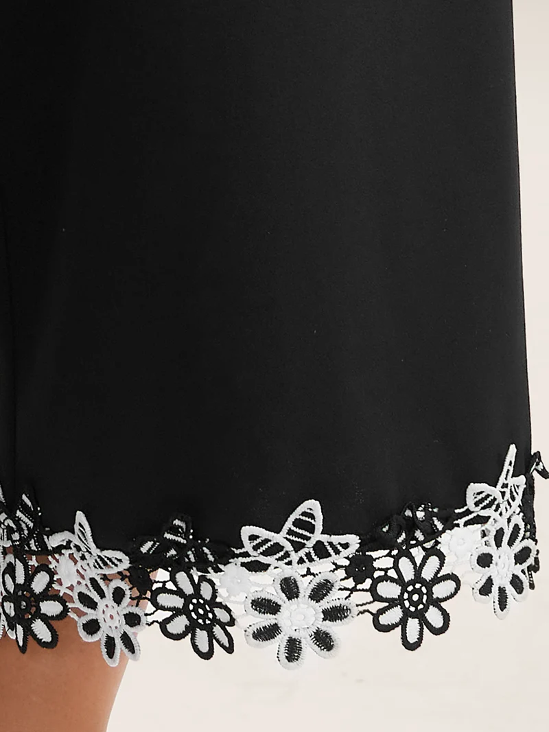 Floral Lace Hem Wide-Leg Pants