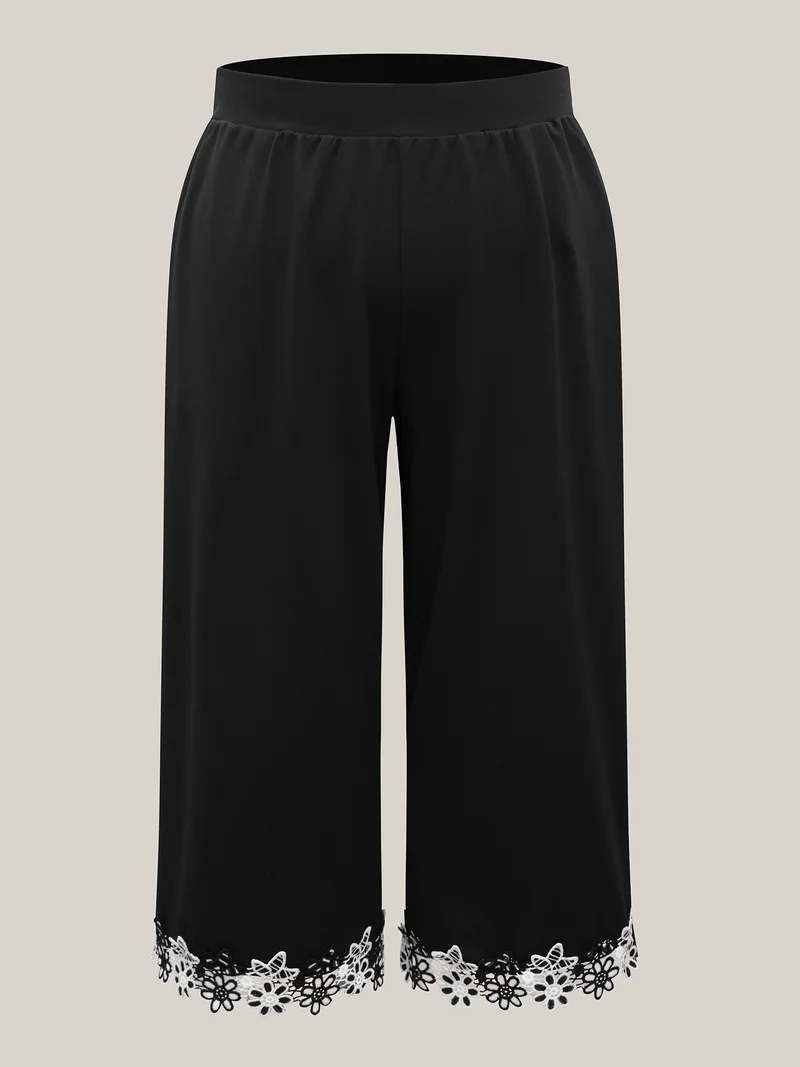 Floral Lace Hem Wide-Leg Pants