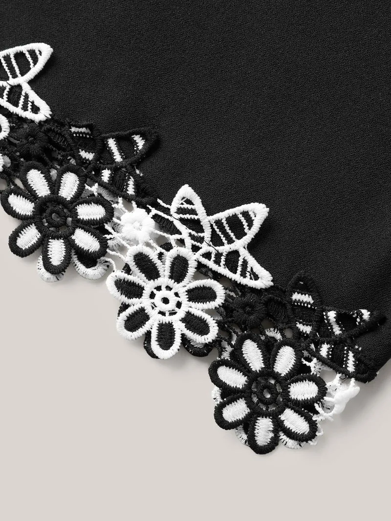 Floral Lace Hem Wide-Leg Pants