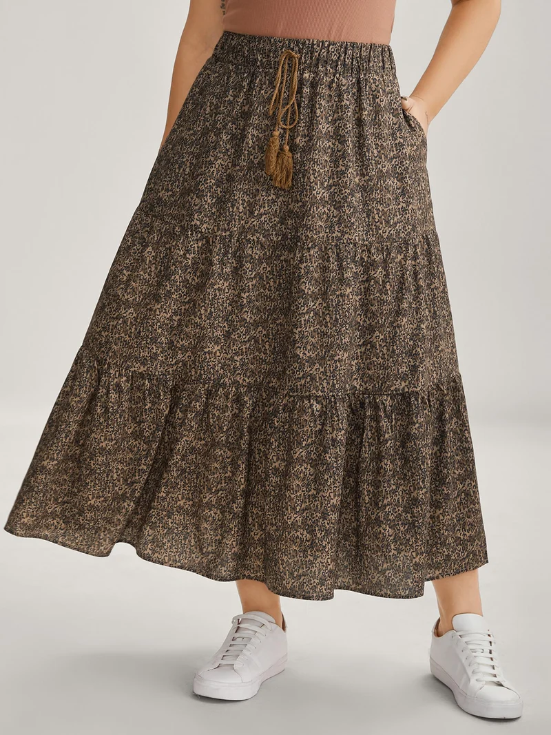 Leopard Print Tiered Midi Skirt