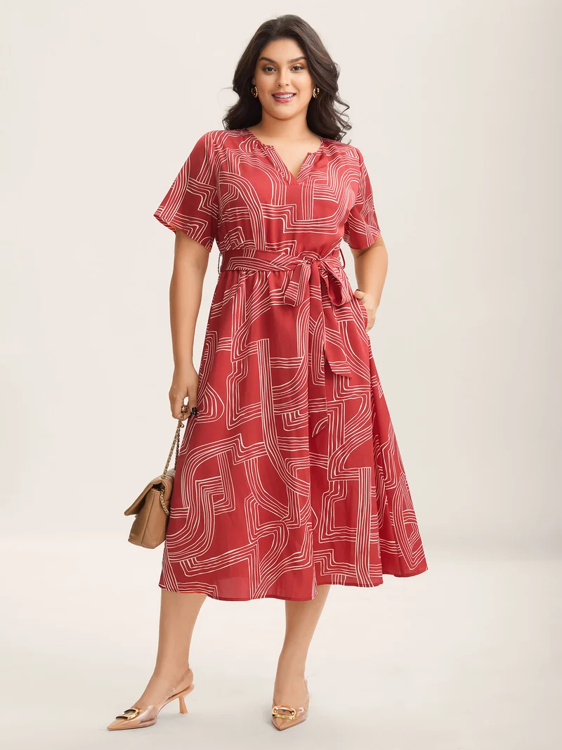 Geometric Print Belted Pockets Midi Dress