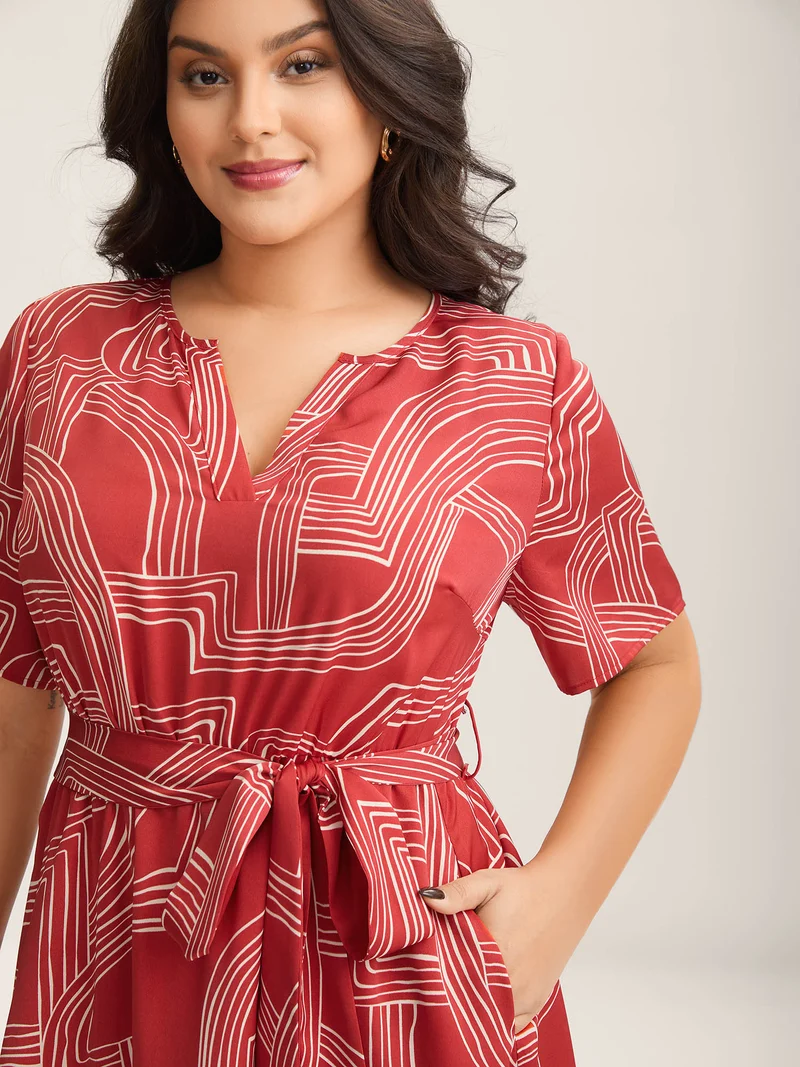 Geometric Print Belted Pockets Midi Dress
