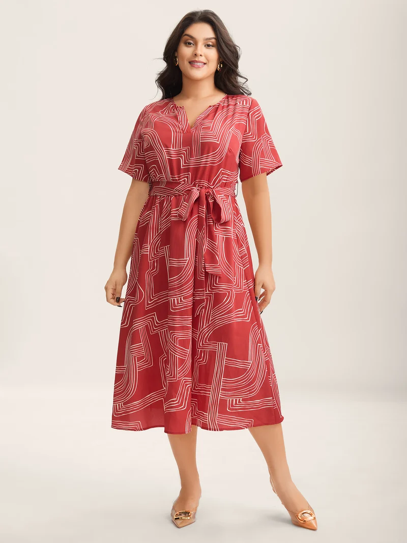 Geometric Print Belted Pockets Midi Dress