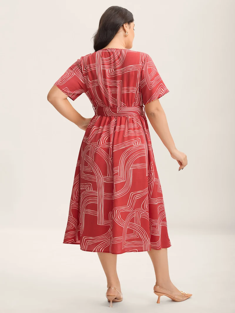 Geometric Print Belted Pockets Midi Dress