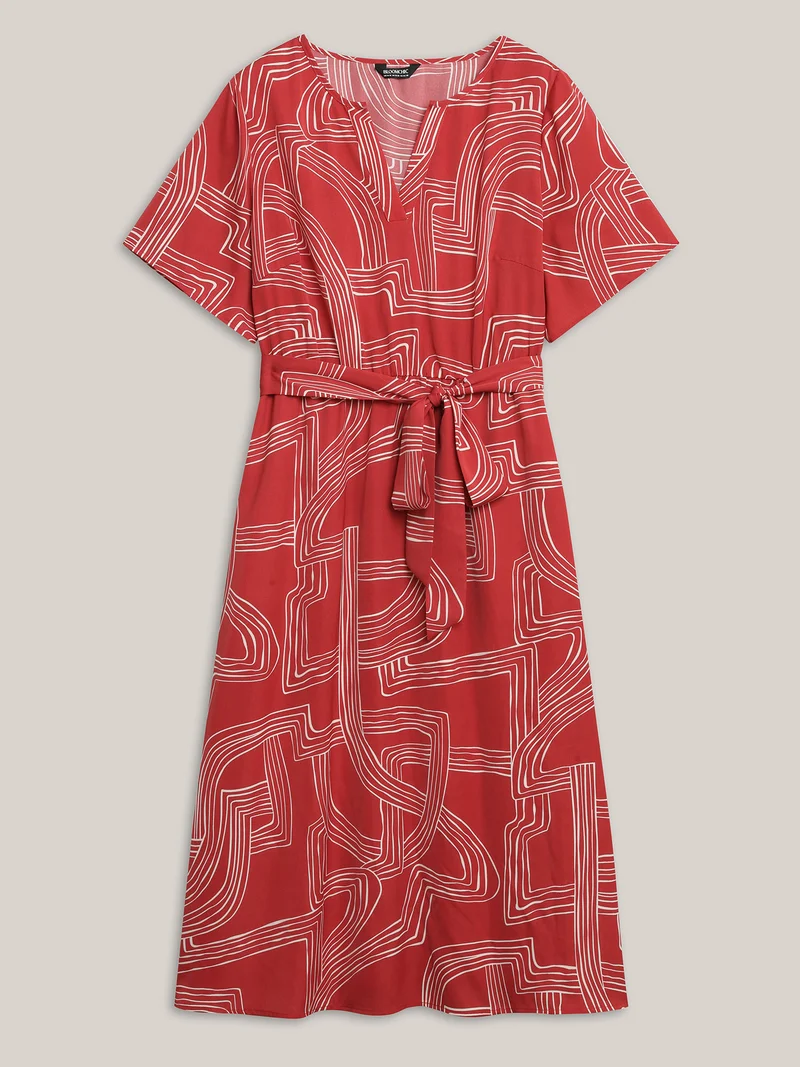 Geometric Print Belted Pockets Midi Dress