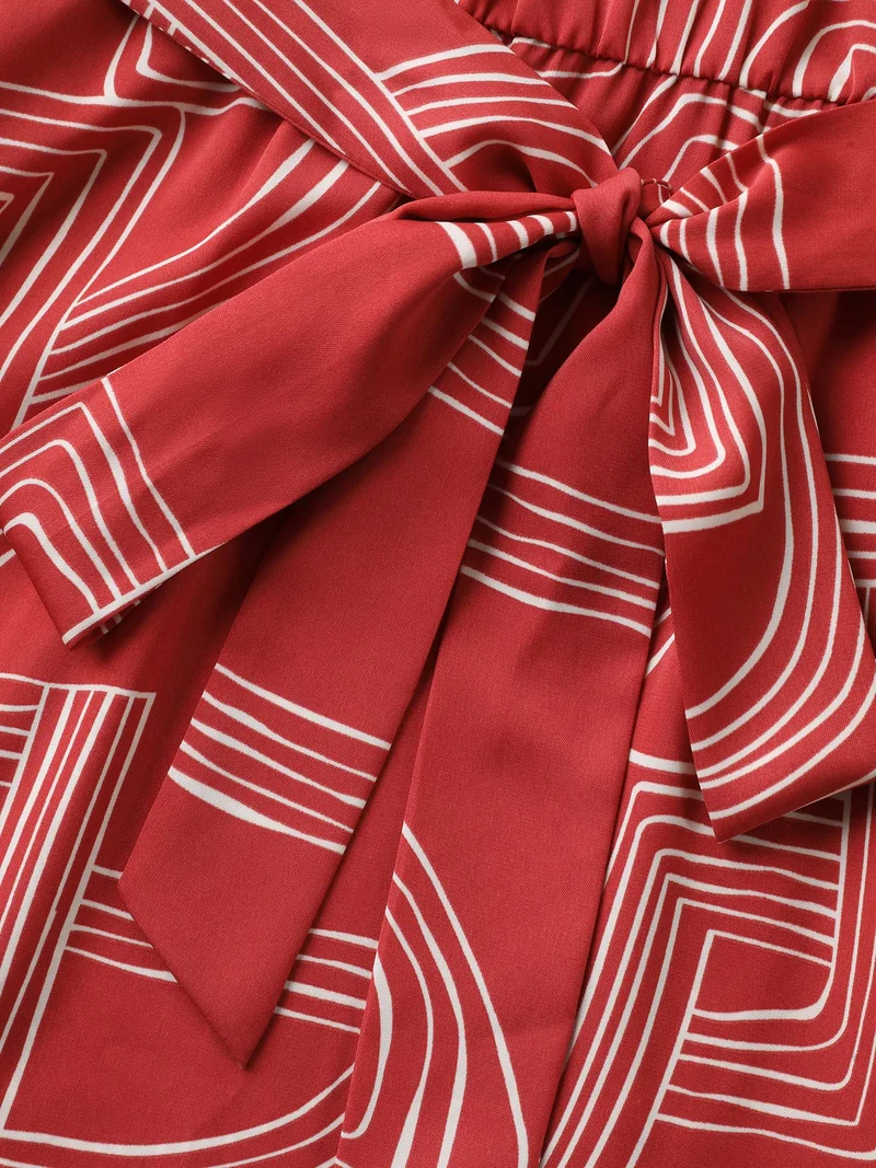 Geometric Print Belted Pockets Midi Dress