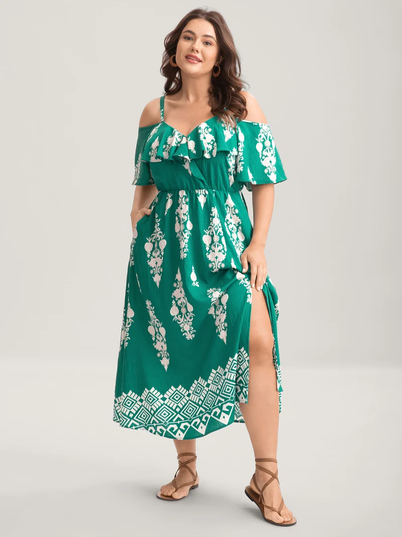 Rayon Boho Print Slit Pockets Midi Dress