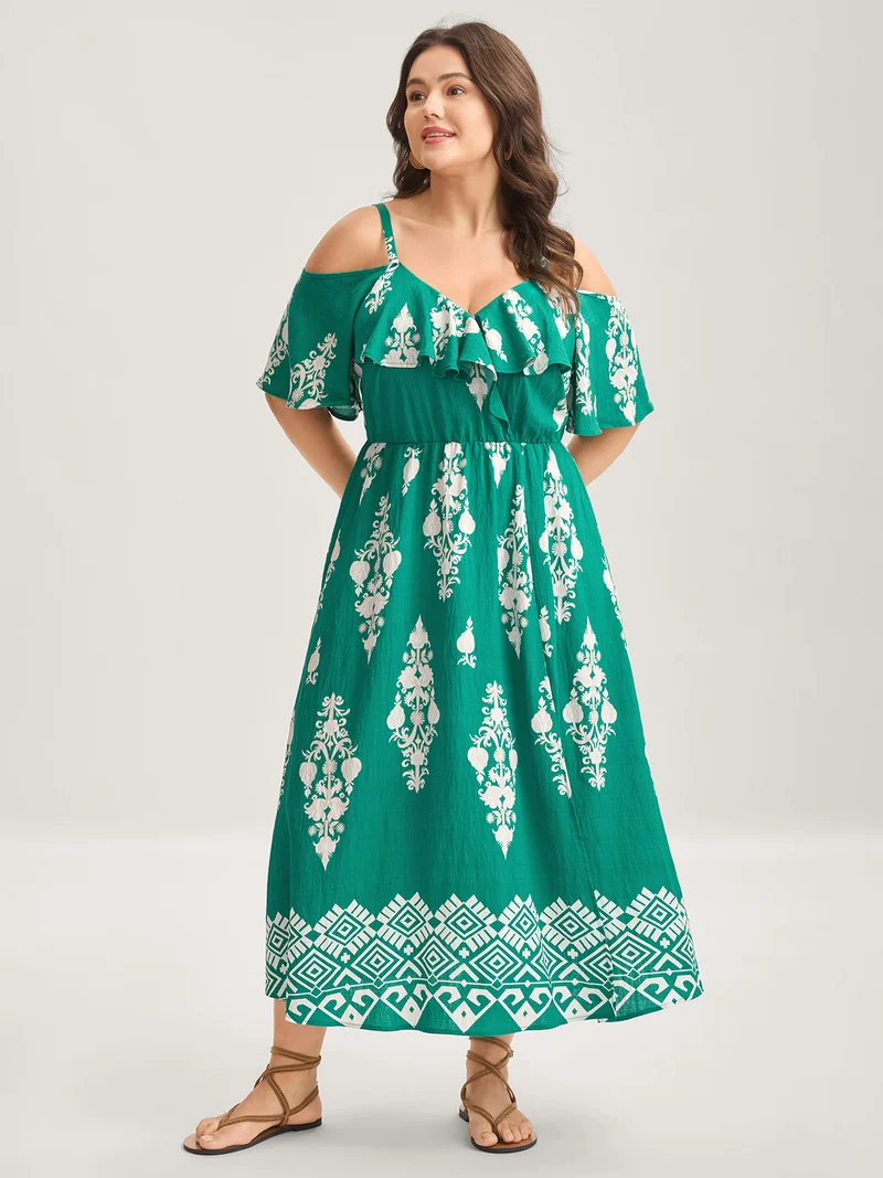 Rayon Boho Print Slit Pockets Midi Dress