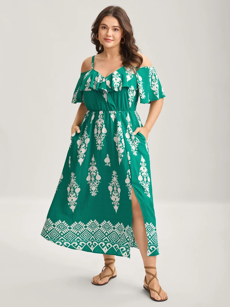 Rayon Boho Print Slit Pockets Midi Dress