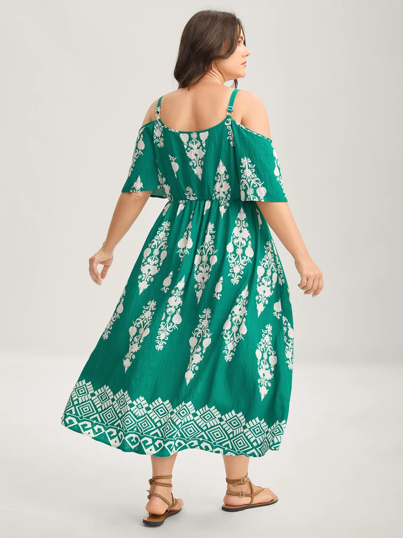 Rayon Boho Print Slit Pockets Midi Dress