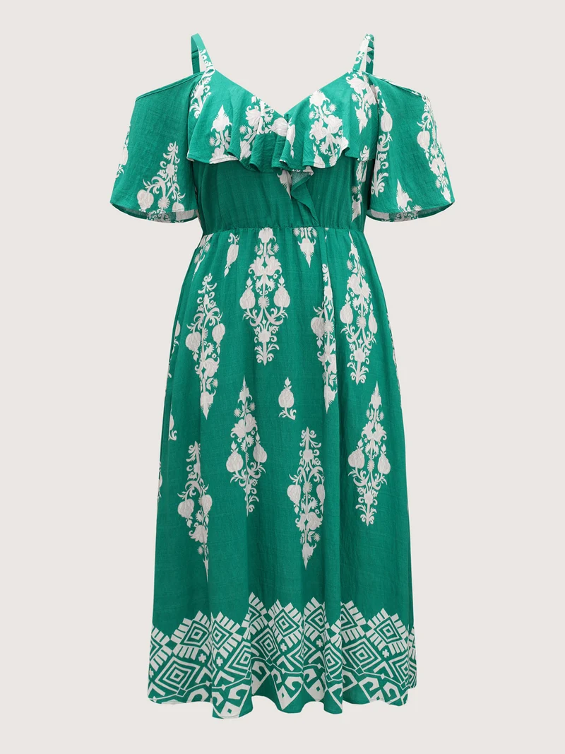 Rayon Boho Print Slit Pockets Midi Dress