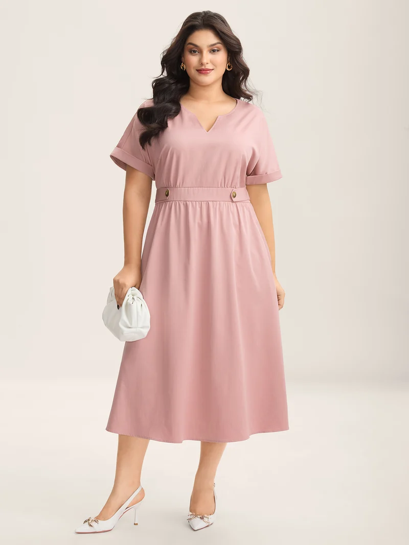 Shirred Back Waist Pockets Midi Dress