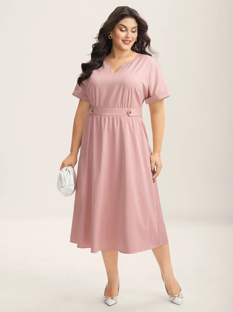 Shirred Back Waist Pockets Midi Dress