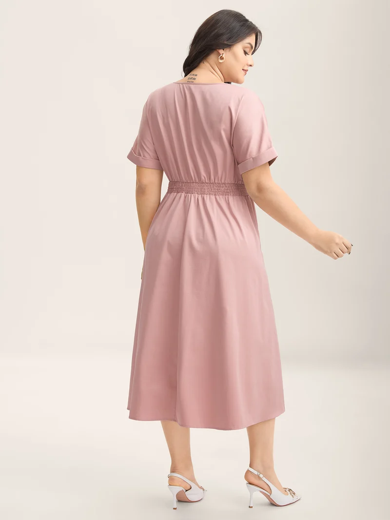 Shirred Back Waist Pockets Midi Dress