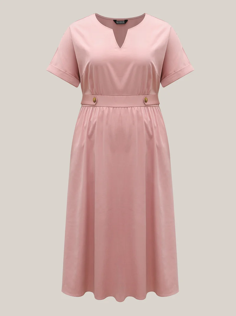 Shirred Back Waist Pockets Midi Dress