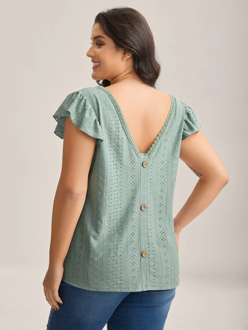 Eyelet Trim Flutter Sleeve Backless T-Shirt