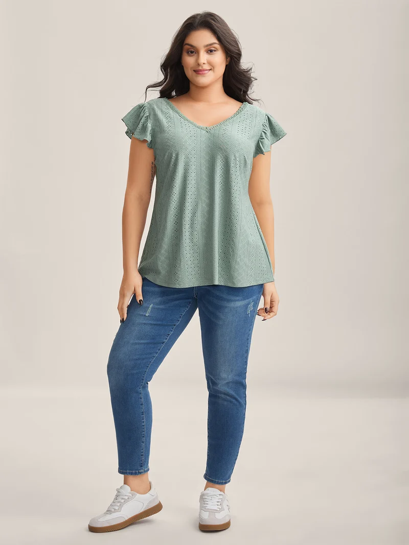Eyelet Trim Flutter Sleeve Backless T-Shirt