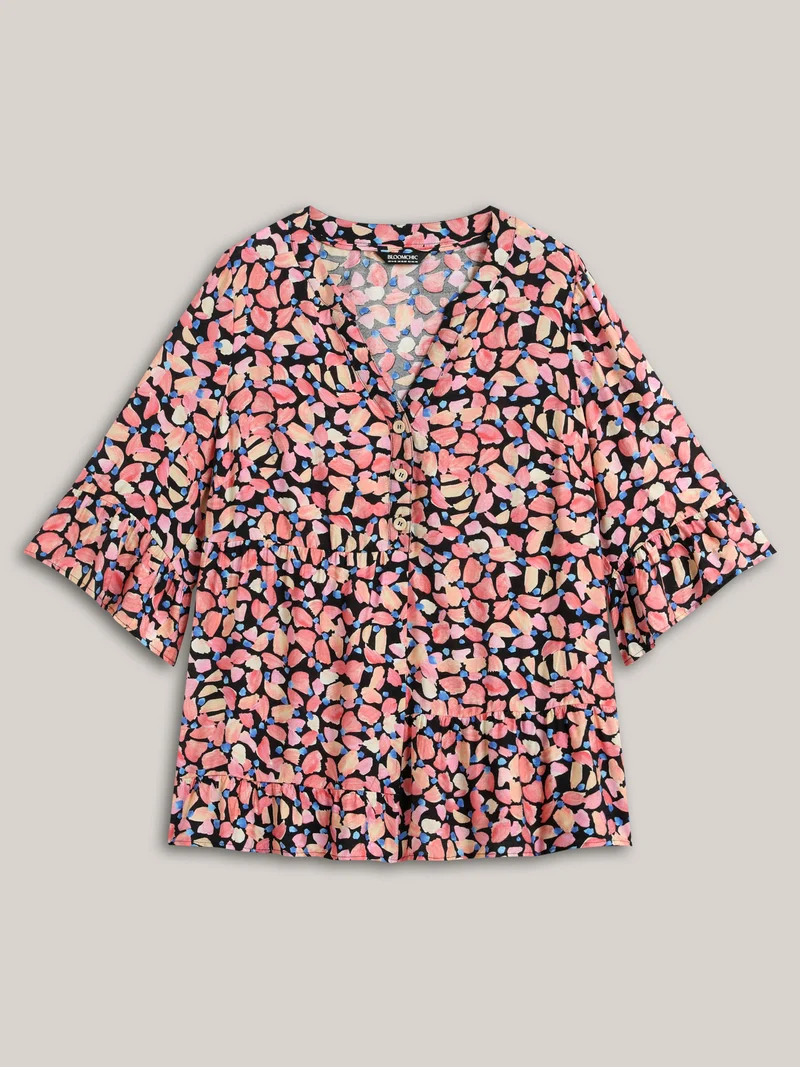 Floral Notched Collar Button Detail Blouse