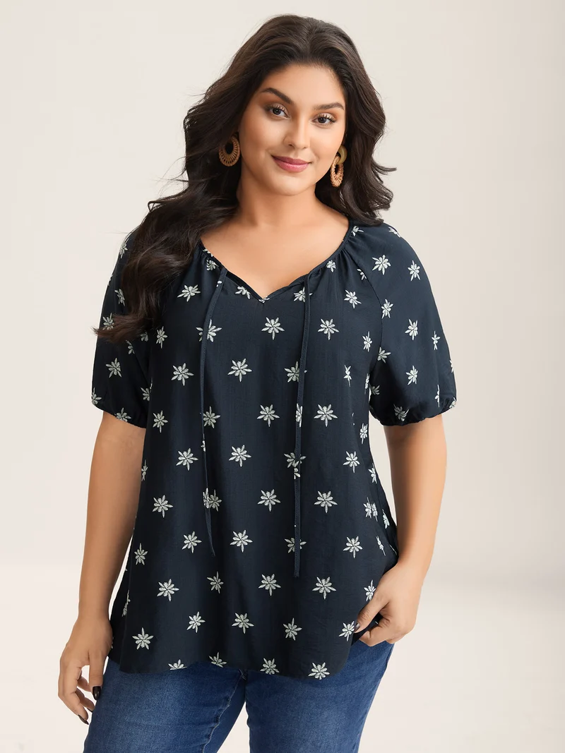 Boho Print Keyhole Pleated Blouse