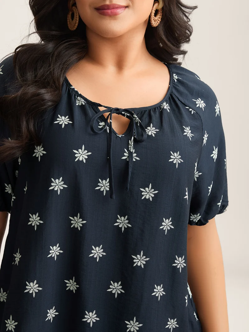 Boho Print Keyhole Pleated Blouse
