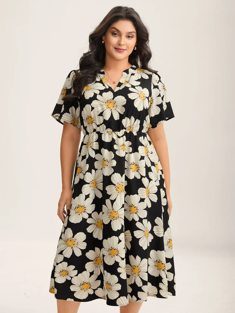 Large Floral Print Notched Collar Midi Dress