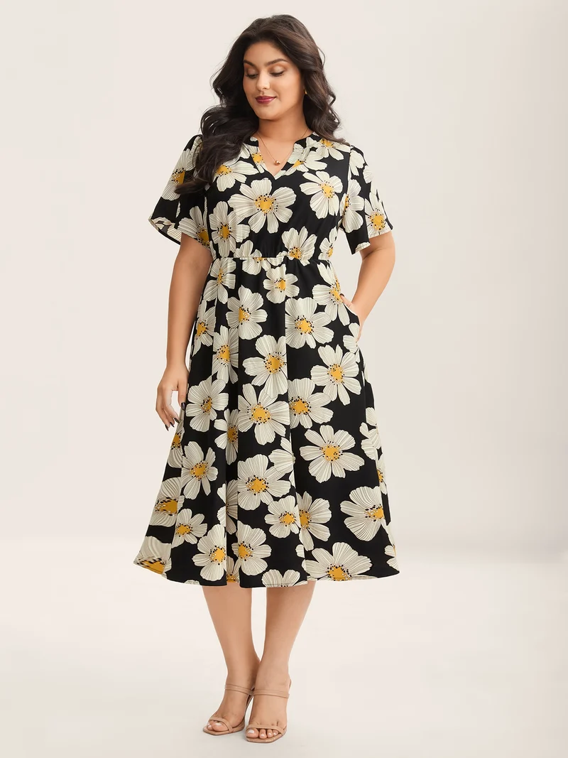 Large Floral Print Notched Collar Midi Dress