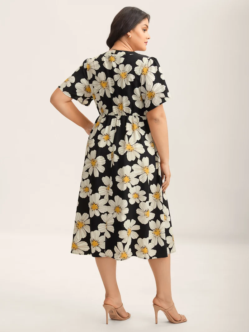 Large Floral Print Notched Collar Midi Dress