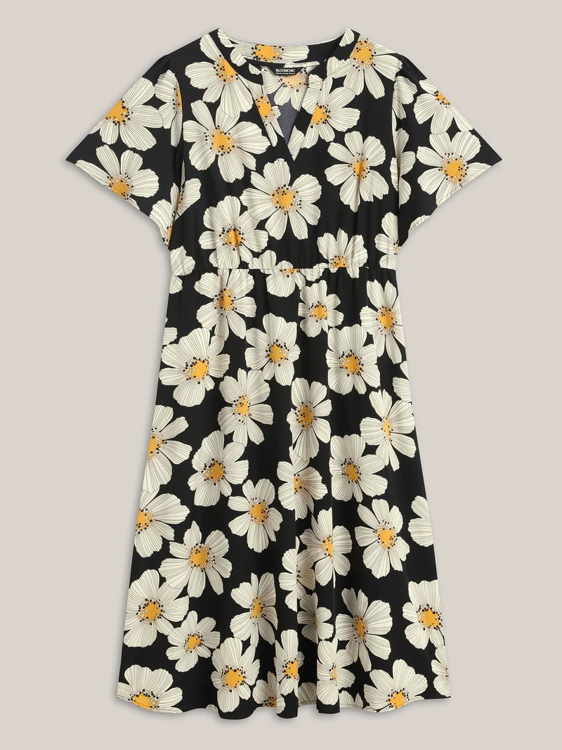 Large Floral Print Notched Collar Midi Dress