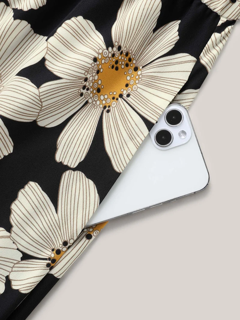 Large Floral Print Notched Collar Midi Dress