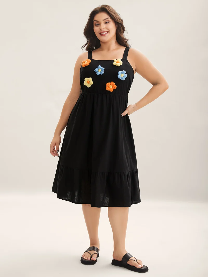 Cotton Crochet Floral Stretchy Waist Midi Dress