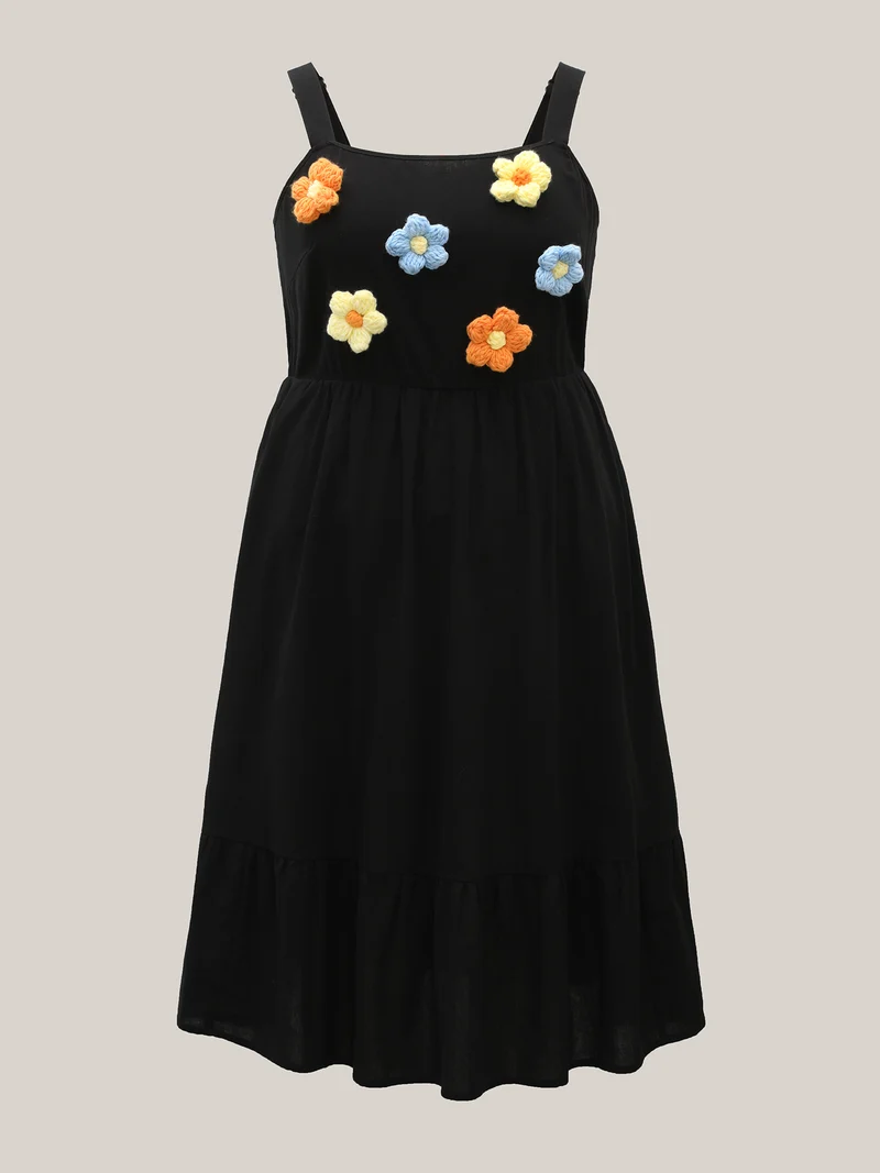 Cotton Crochet Floral Stretchy Waist Midi Dress