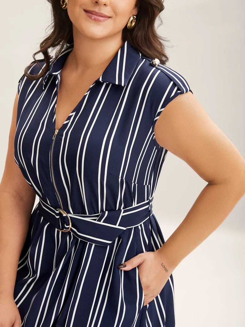 Stripe Print Zipper Belted Midi Dress