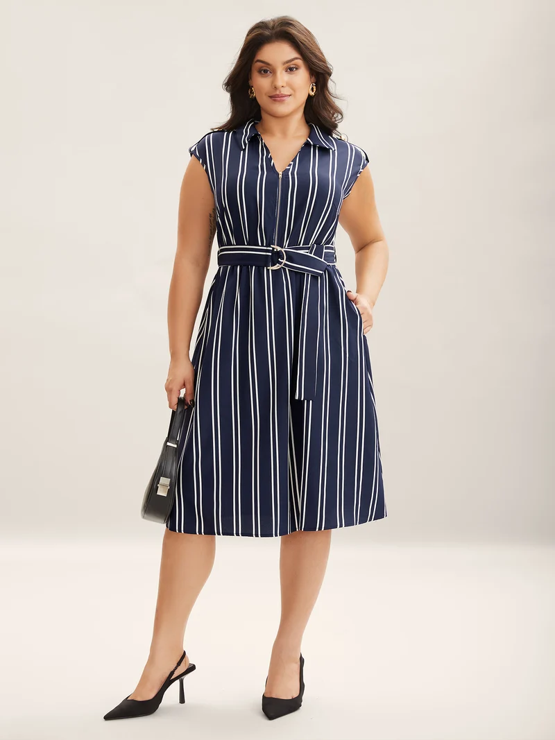 Stripe Print Zipper Belted Midi Dress
