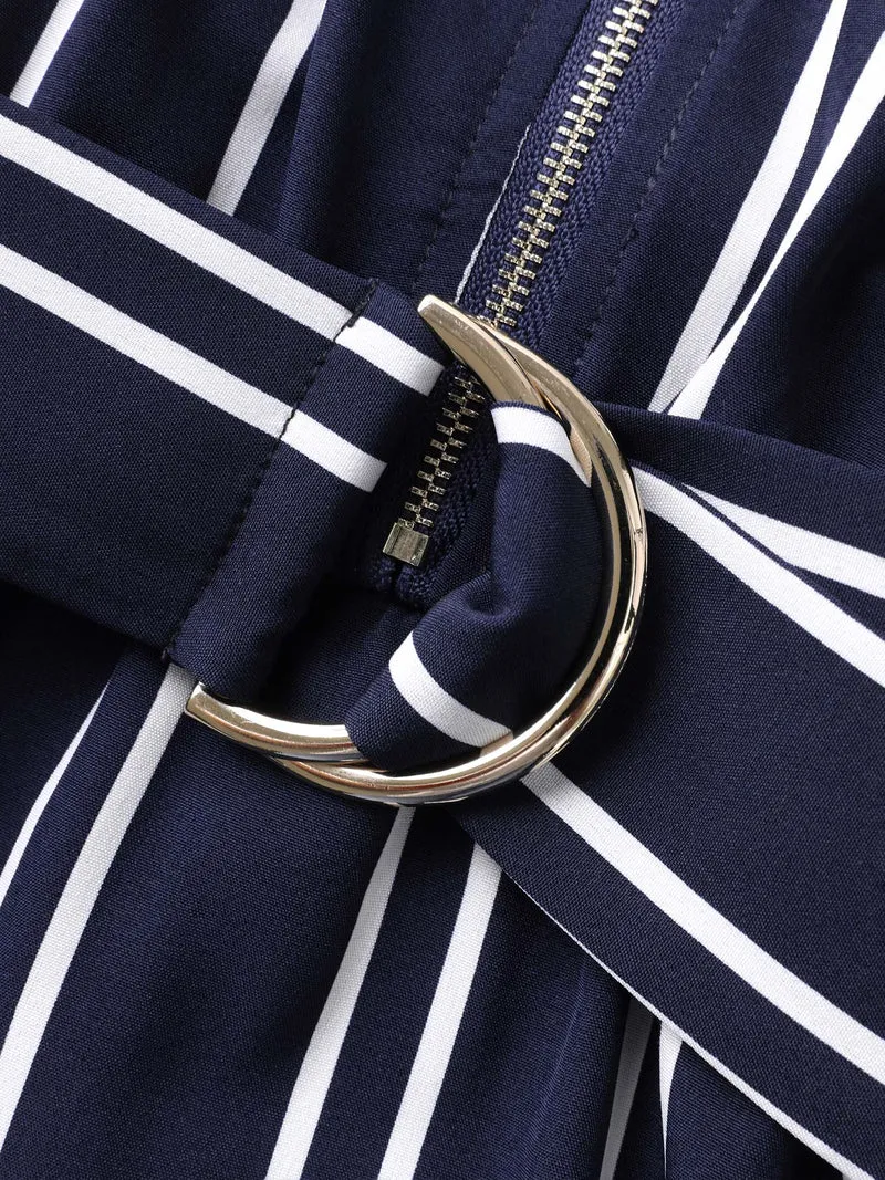 Stripe Print Zipper Belted Midi Dress