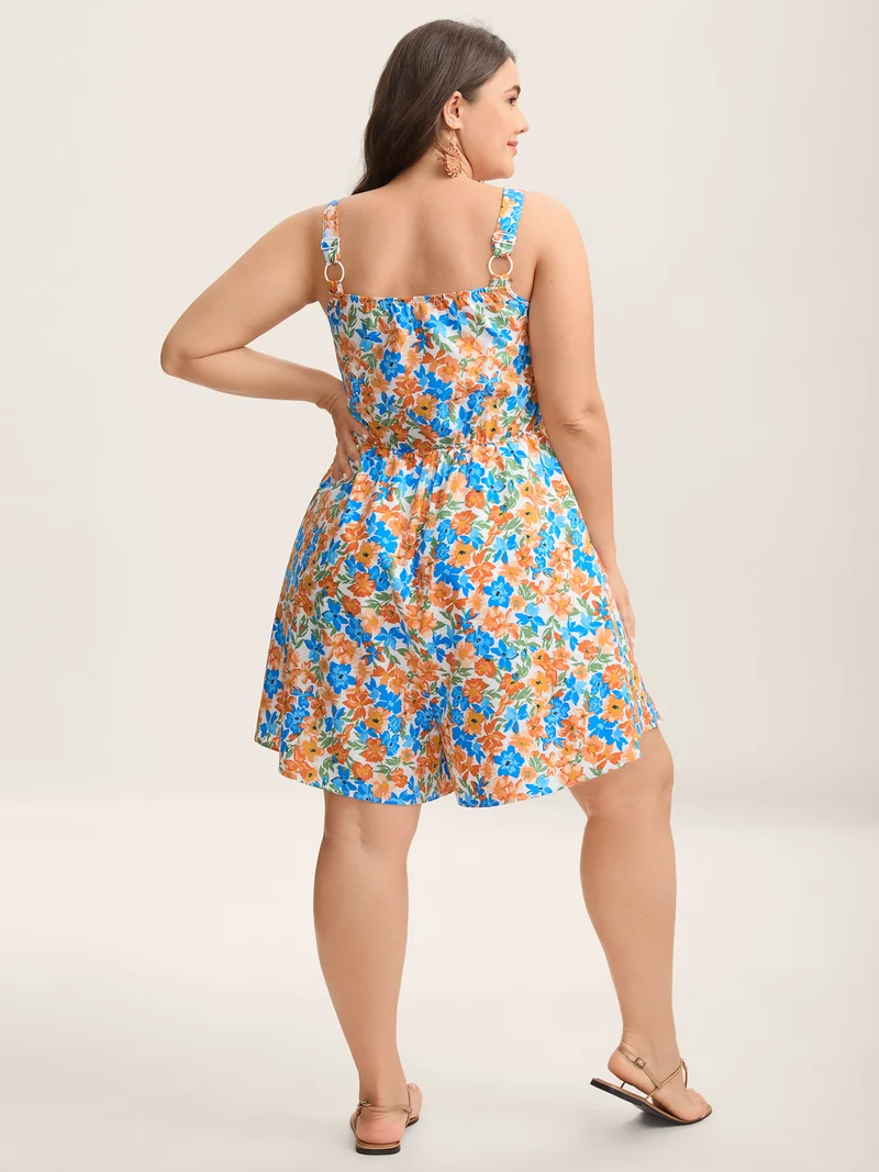 Floral Print Shirred Stretchy Waist Romper