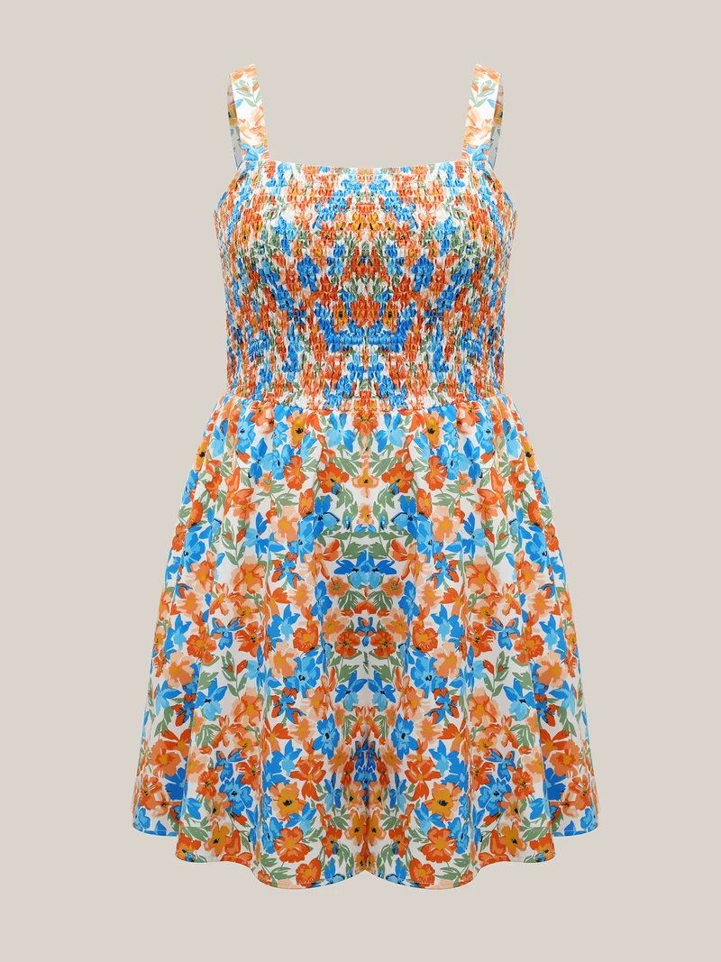 Floral Print Shirred Stretchy Waist Romper