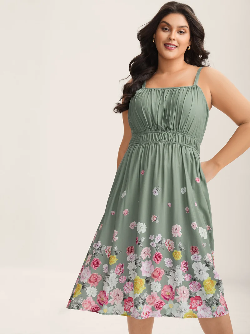 Floral Print Hem Cami Pockets Midi Dress