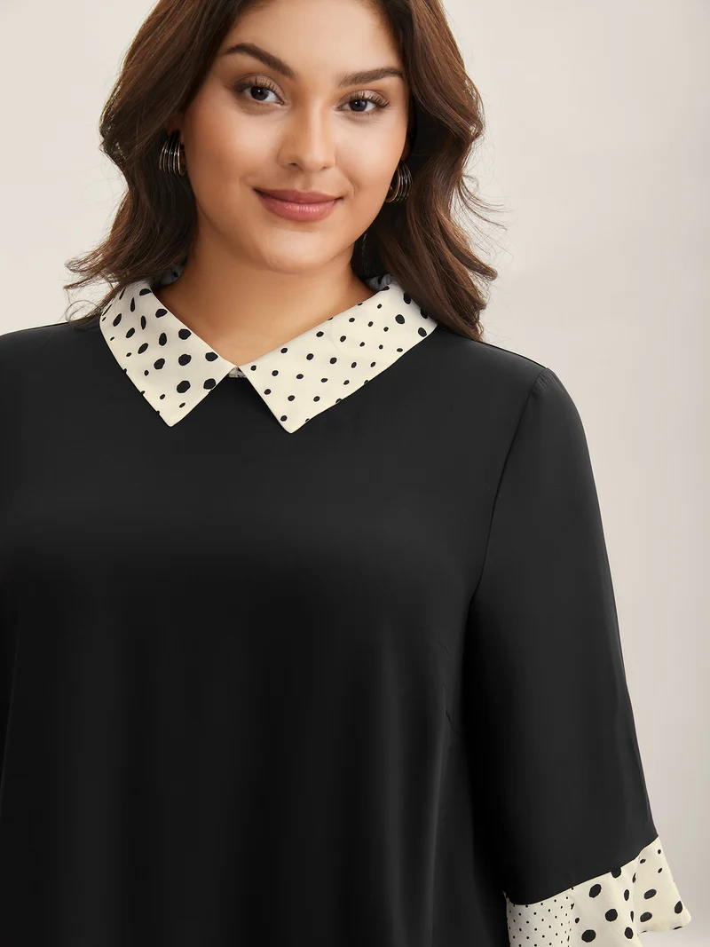 Sheer Color Contrast Spliced Collar Blouse