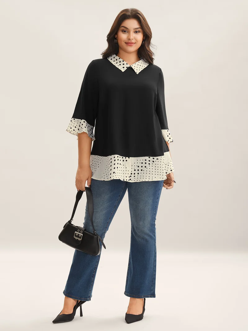 Sheer Color Contrast Spliced Collar Blouse