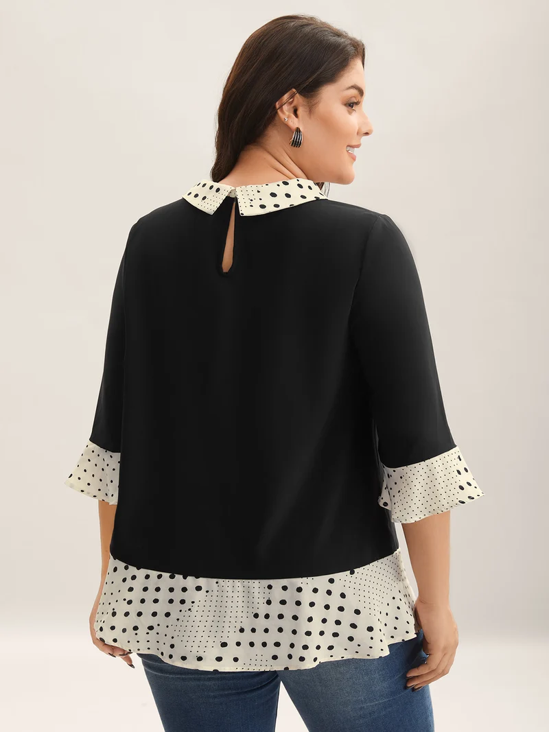 Sheer Color Contrast Spliced Collar Blouse