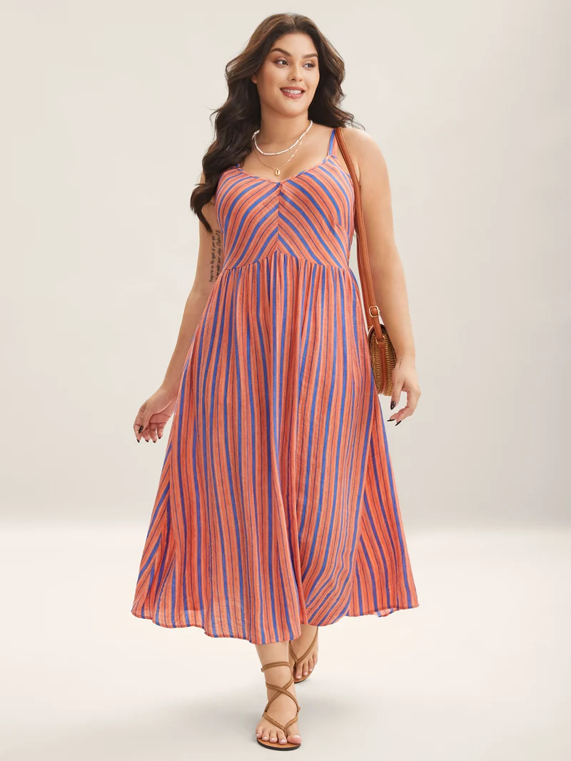 Boho Stripes Cami Pockets Midi Dress