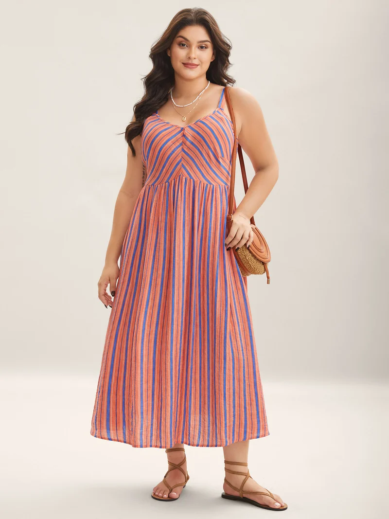Boho Stripes Cami Pockets Midi Dress